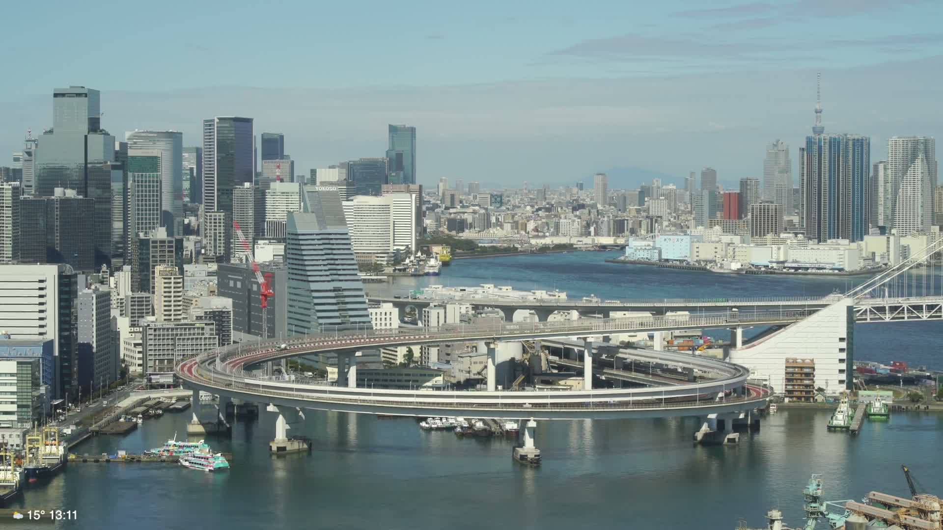 Tokyo City Center Skyline, Tokyo Bay & Rainbow Bridge Kaigan Entrance (東京の街並み、東京湾、レインボーブリッジ)  Live Cam - 5 Chome, Konan, Minato-ku, Tokyo, Kantō, Honshu, Japan