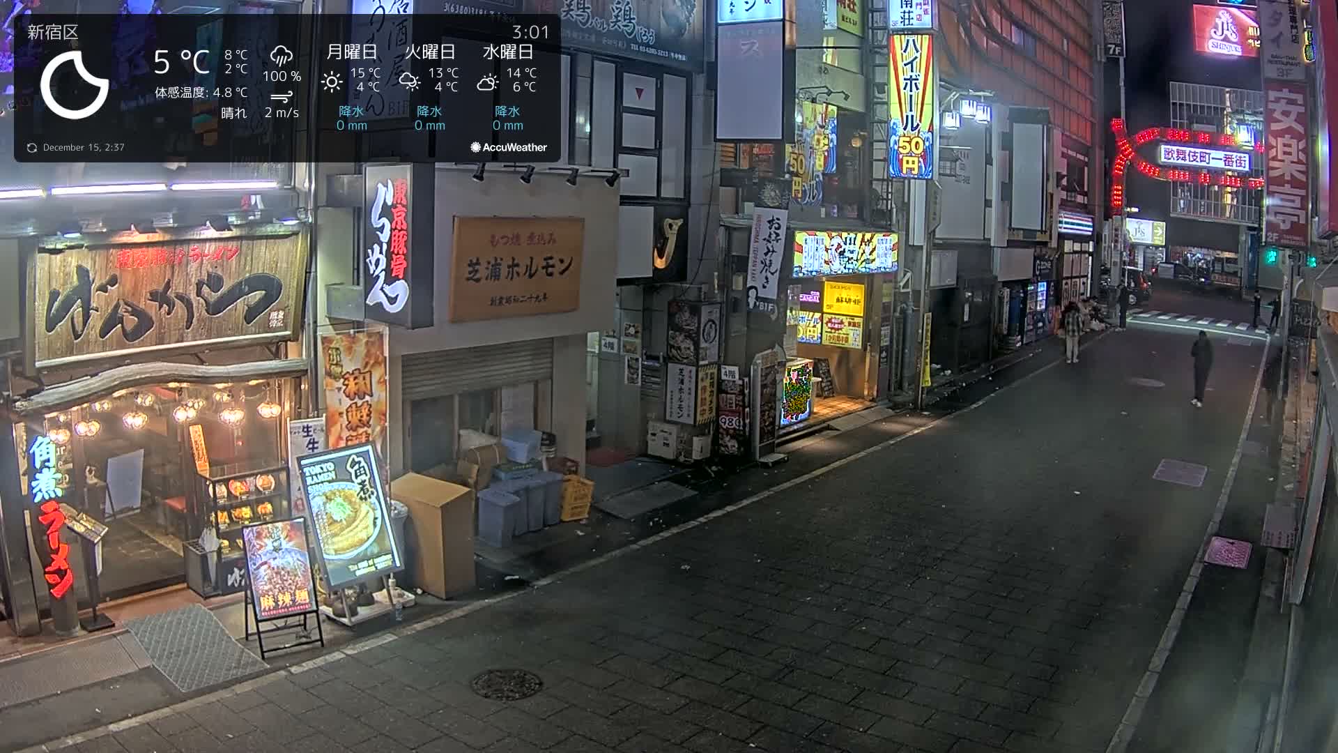 A crowded urban street at night is bustling with numerous pedestrians walking past brightly lit shops and restaurants, under cloudy skies with a temperature of 8°C.