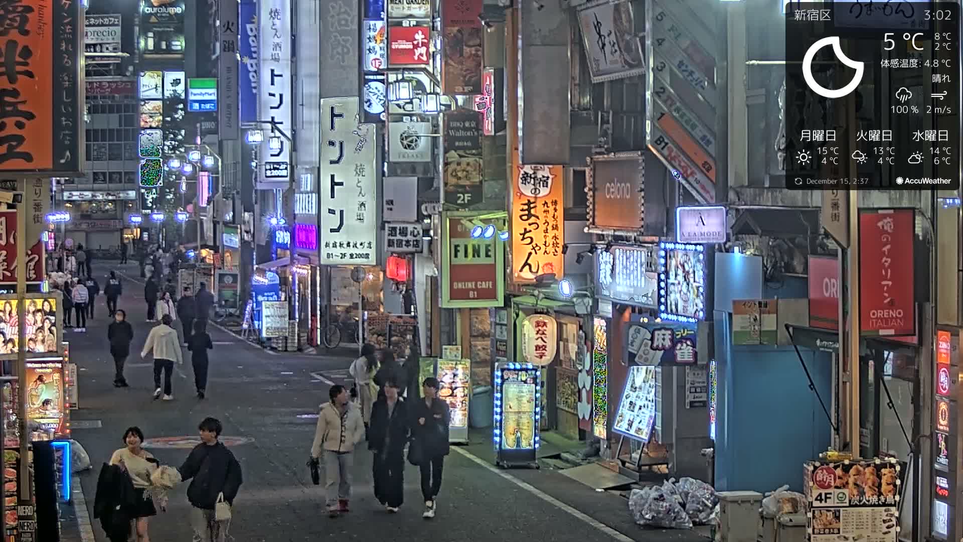 A dense crowd of people walks along a brightly lit city street at night, flanked by buildings covered in numerous colorful illuminated signs, under clear weather conditions with a temperature of 8°C.