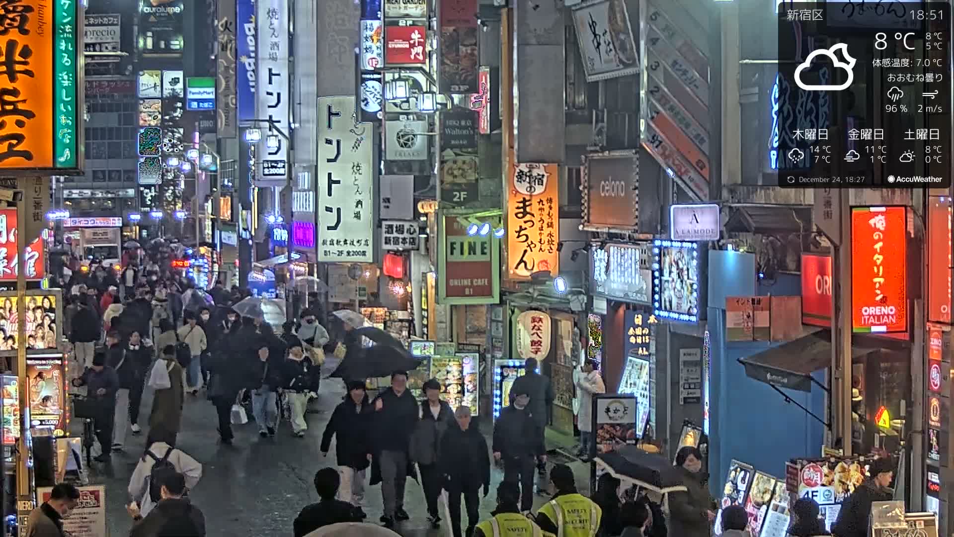 A dense crowd of people walks along a brightly lit city street at night, flanked by buildings covered in numerous colorful illuminated signs, under clear weather conditions with a temperature of 8°C.