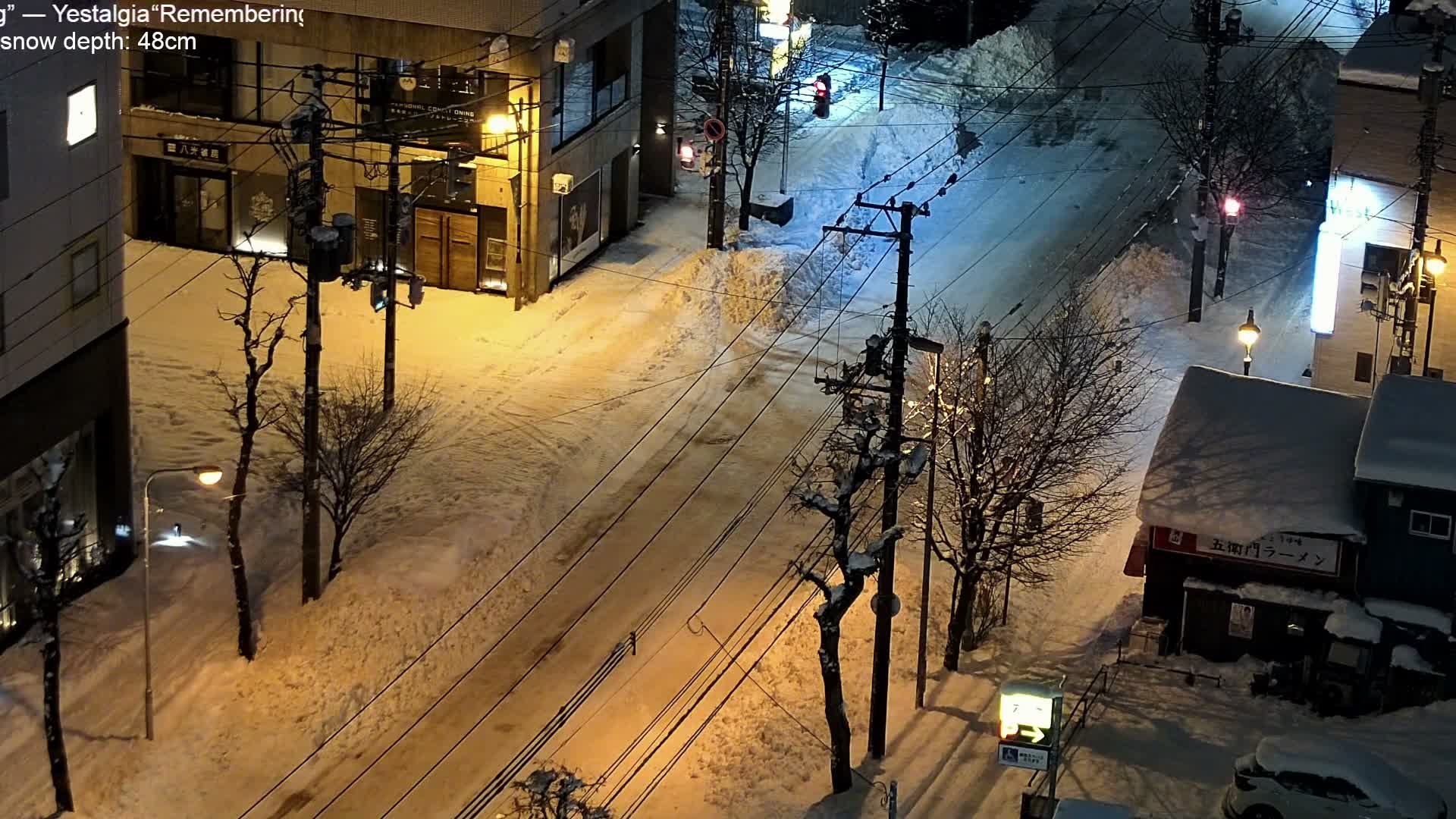 An elevated view captures a cold, snowy urban street scene at night, featuring brightly lit buildings, a wet road with a few cars, and groups of pedestrians walking along the sidewalks.