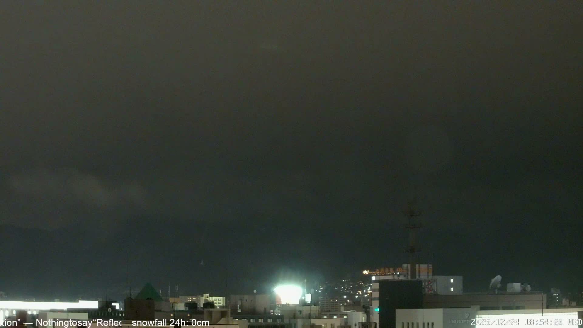 A clear, dark night sky hangs over a cityscape dotted with numerous illuminated buildings and streets, with a few bright, distant lights visible high above.