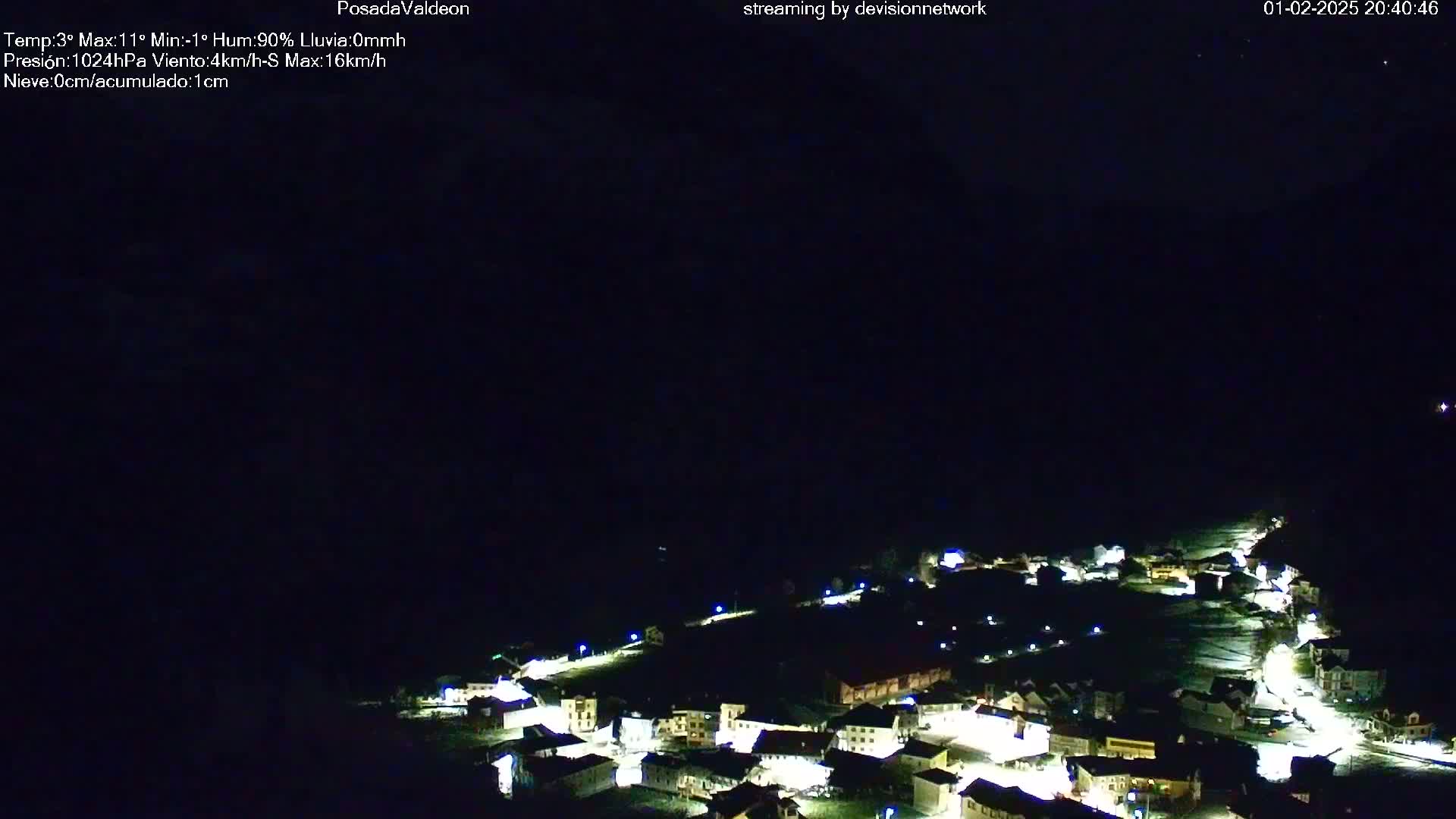 A nighttime aerial view of a small, illuminated town under a dark, clear sky.