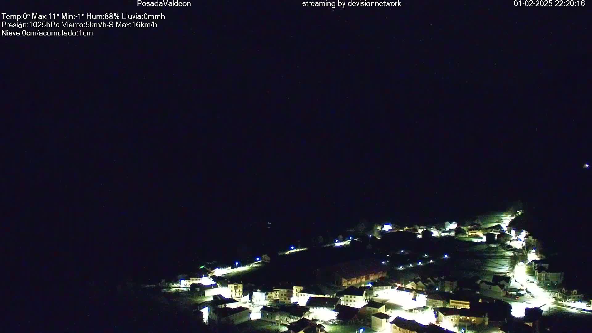 A nighttime aerial view of a small, illuminated town under a dark, clear sky.