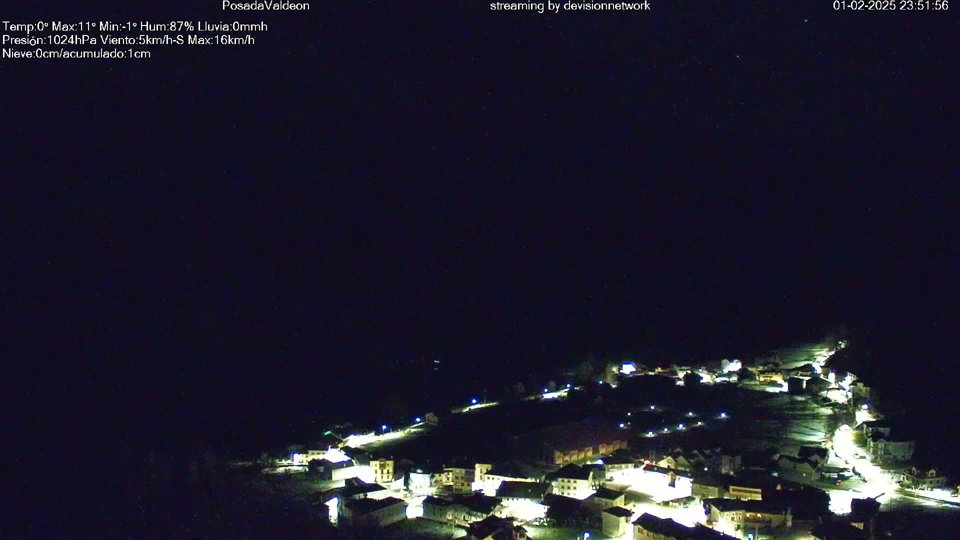 A nighttime aerial view of a small town illuminated by streetlights under a clear, dark sky.