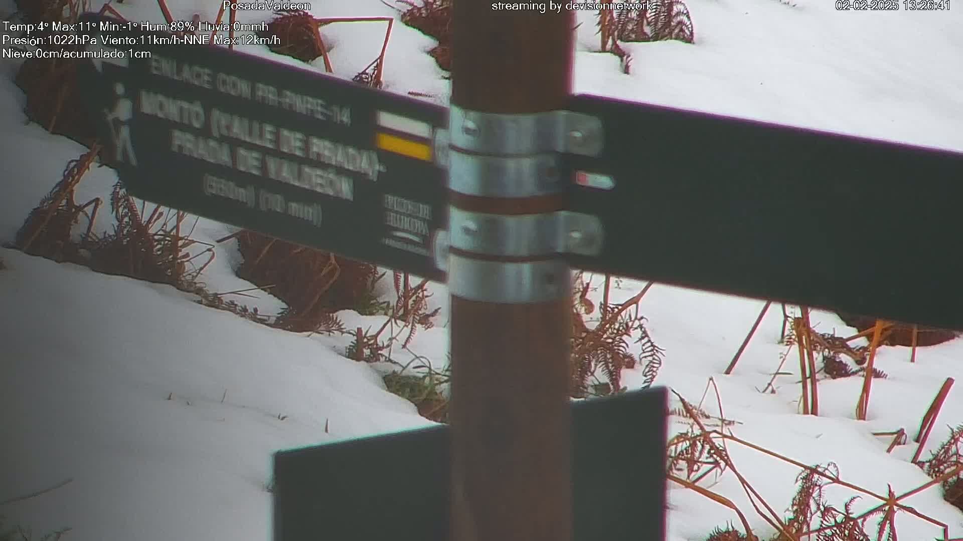 A snow-covered landscape with a trail marker post and low vegetation.