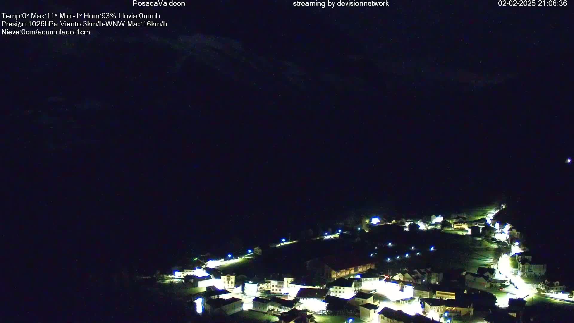 A small, illuminated village nestled in a dark, nighttime landscape under a clear, starlit sky.