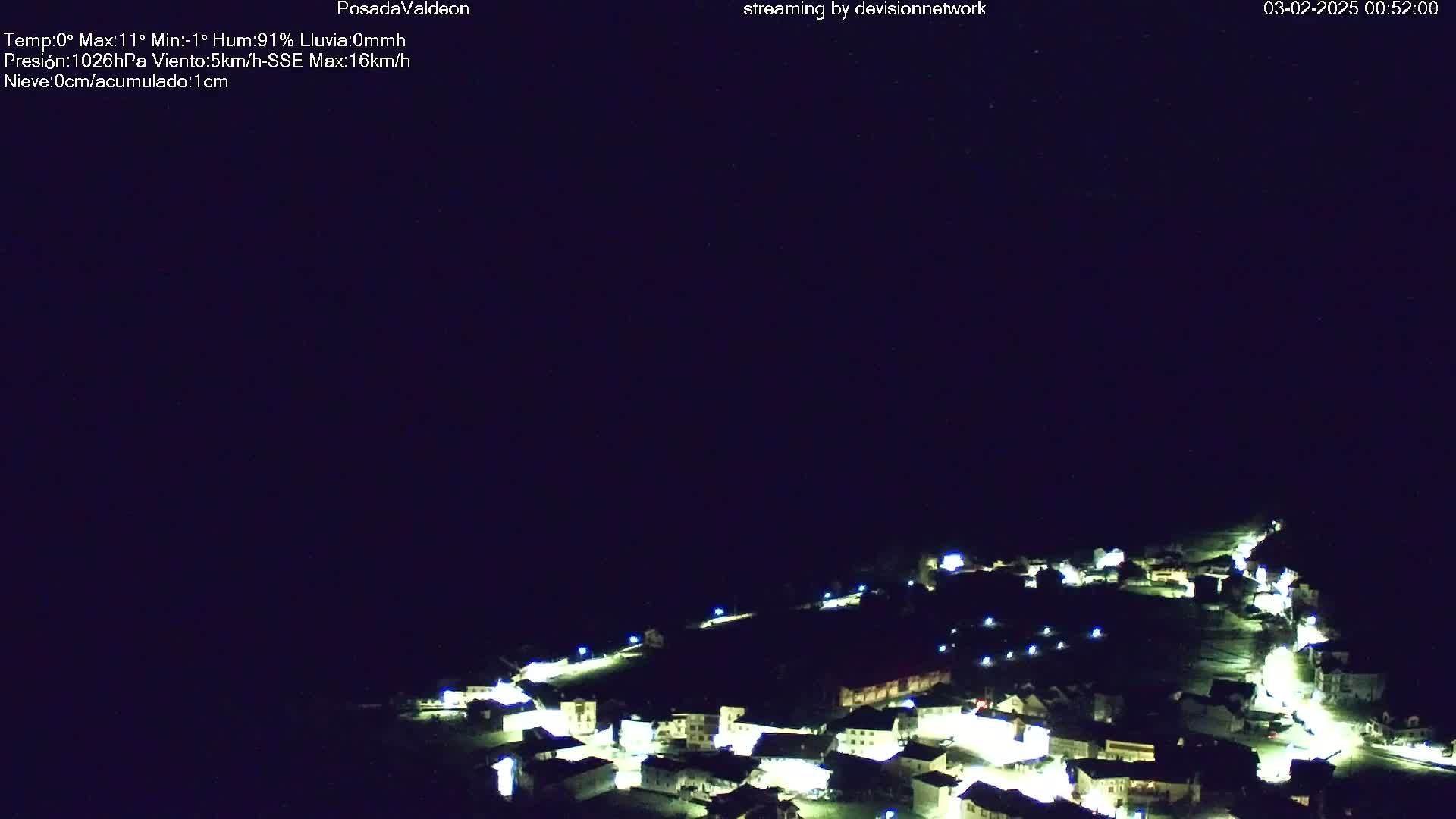 A small, illuminated town is nestled in a dark, nighttime landscape under a clear, starlit sky.