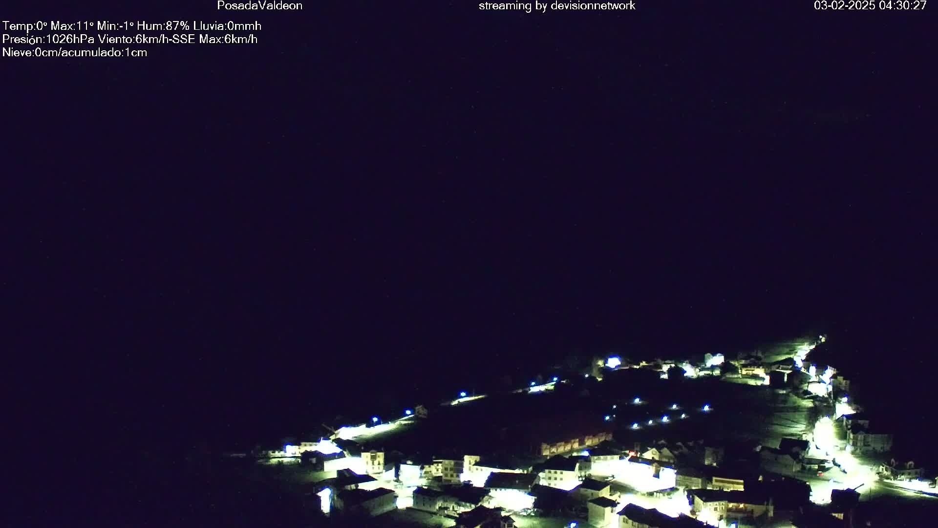 A small, illuminated village is visible at night under a dark sky.