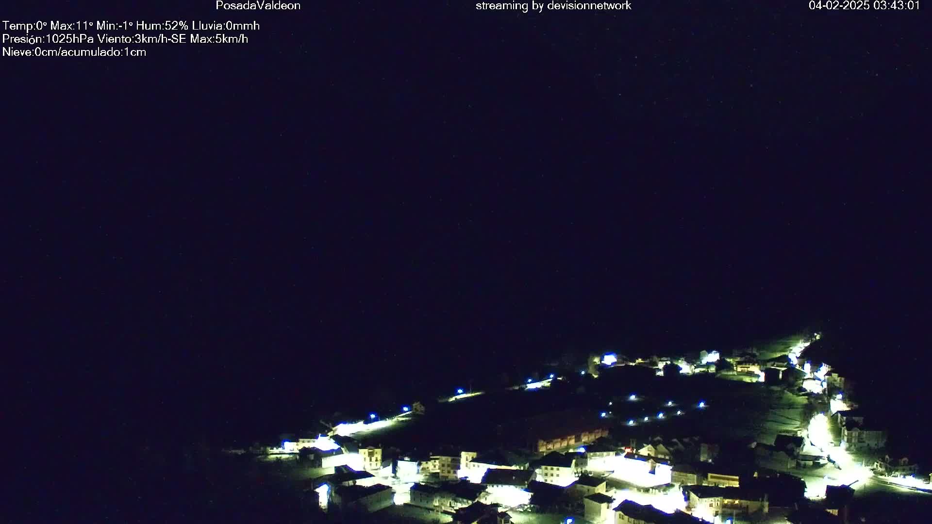 A small, illuminated village is nestled in a dark, nighttime landscape under a clear, starry sky.