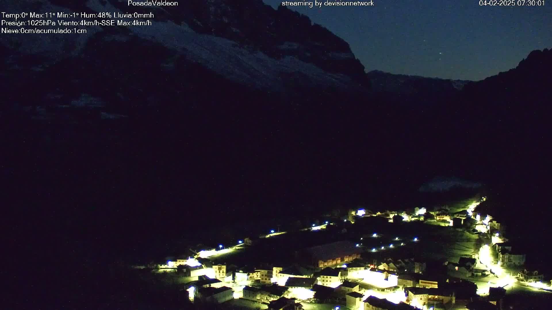 A small, illuminated village nestled in a valley below a snow-dusted mountain range under a dark, starlit night sky.