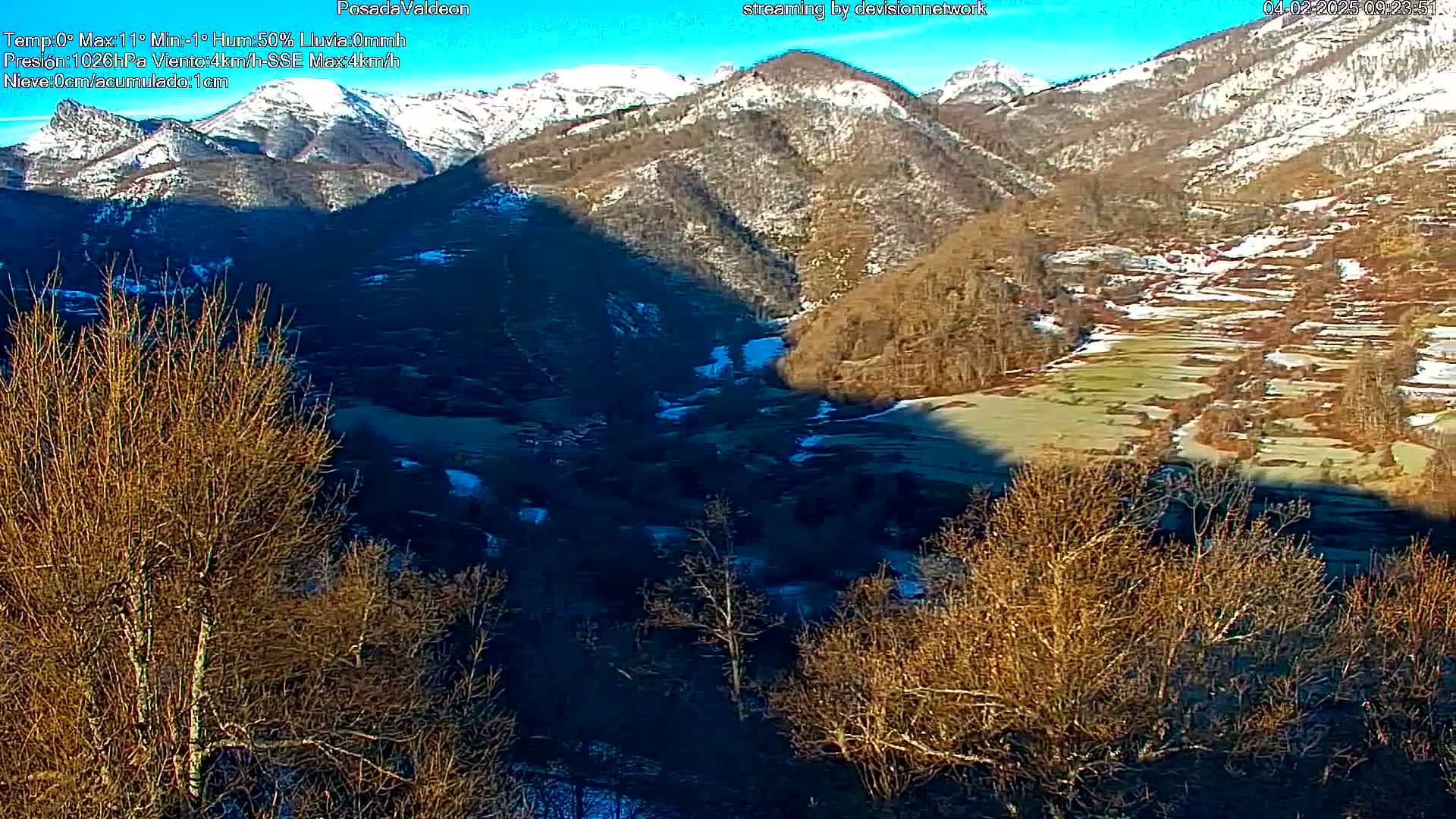 A valley with snow-dusted mountains in the background and leafless trees in the foreground under a clear blue sky.