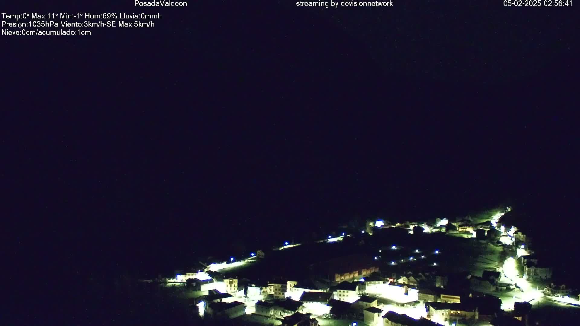 A small town at night, illuminated by streetlights, under a dark, clear sky.