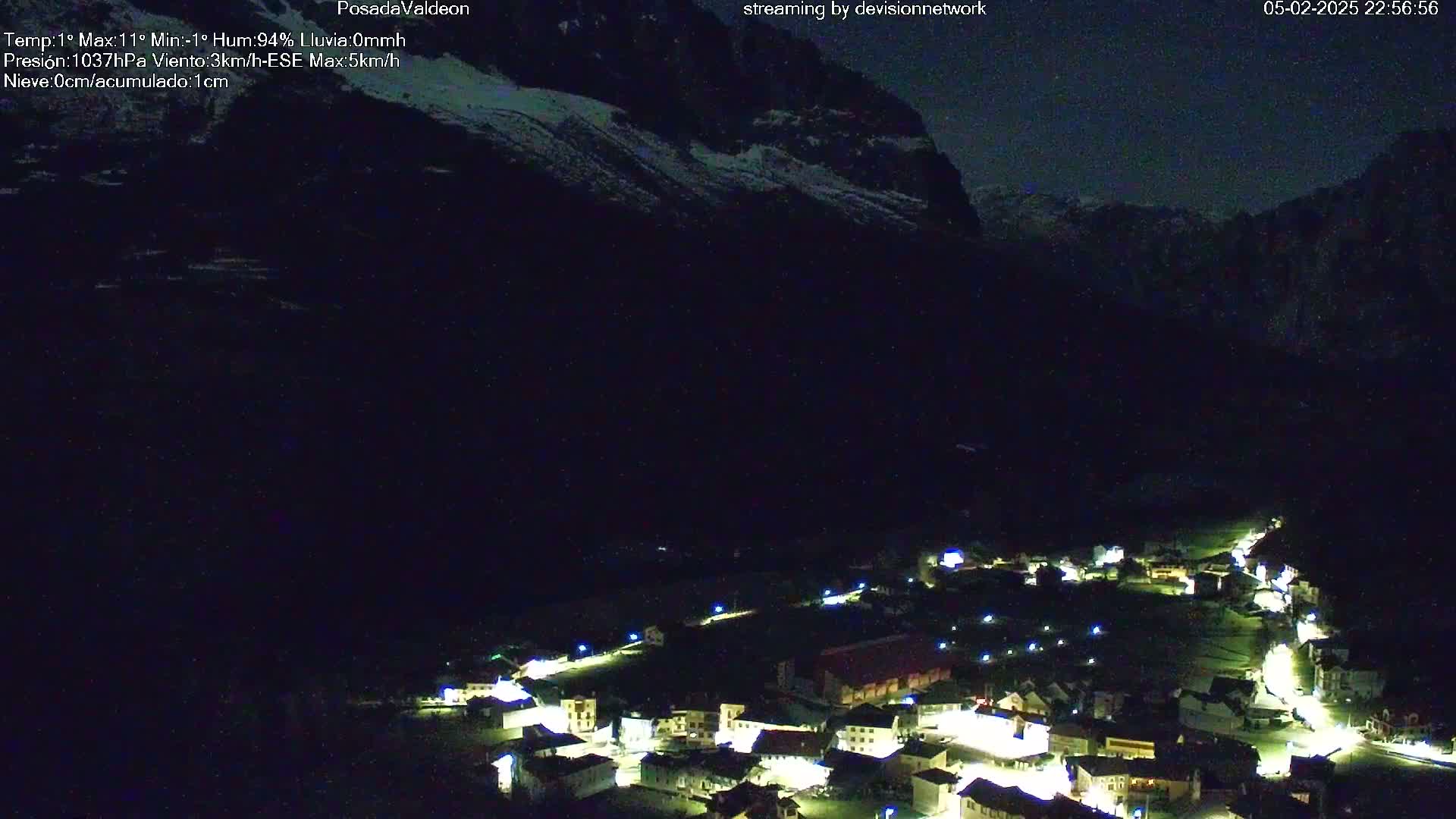 A nighttime view of a small village nestled in a valley below snow-capped mountains under a dark, clear sky.
