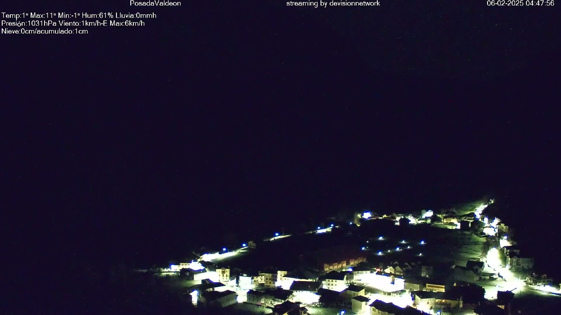 A small, illuminated village is nestled in a dark, nighttime landscape under a clear sky.