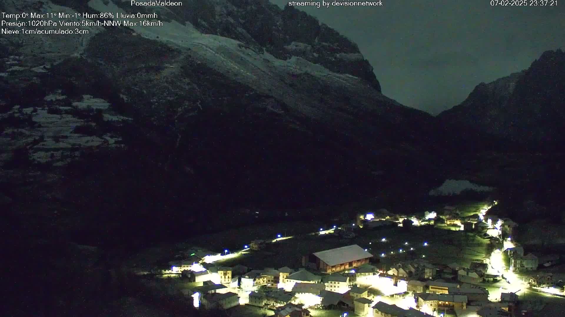 A small, snow-covered village nestled in a valley between dark mountains at night, under a dark sky with light snow.