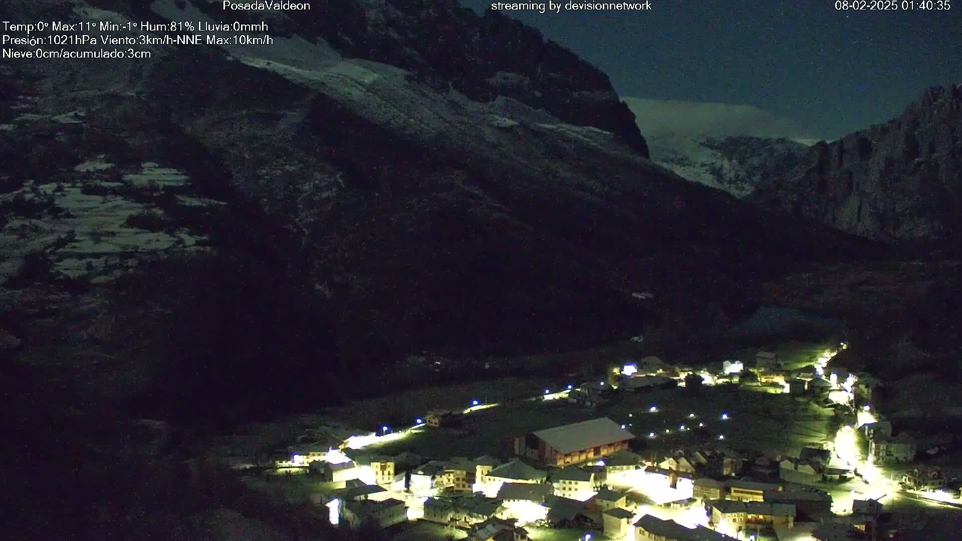 A small, illuminated village nestled in a dark valley beneath snow-dusted mountains at night.