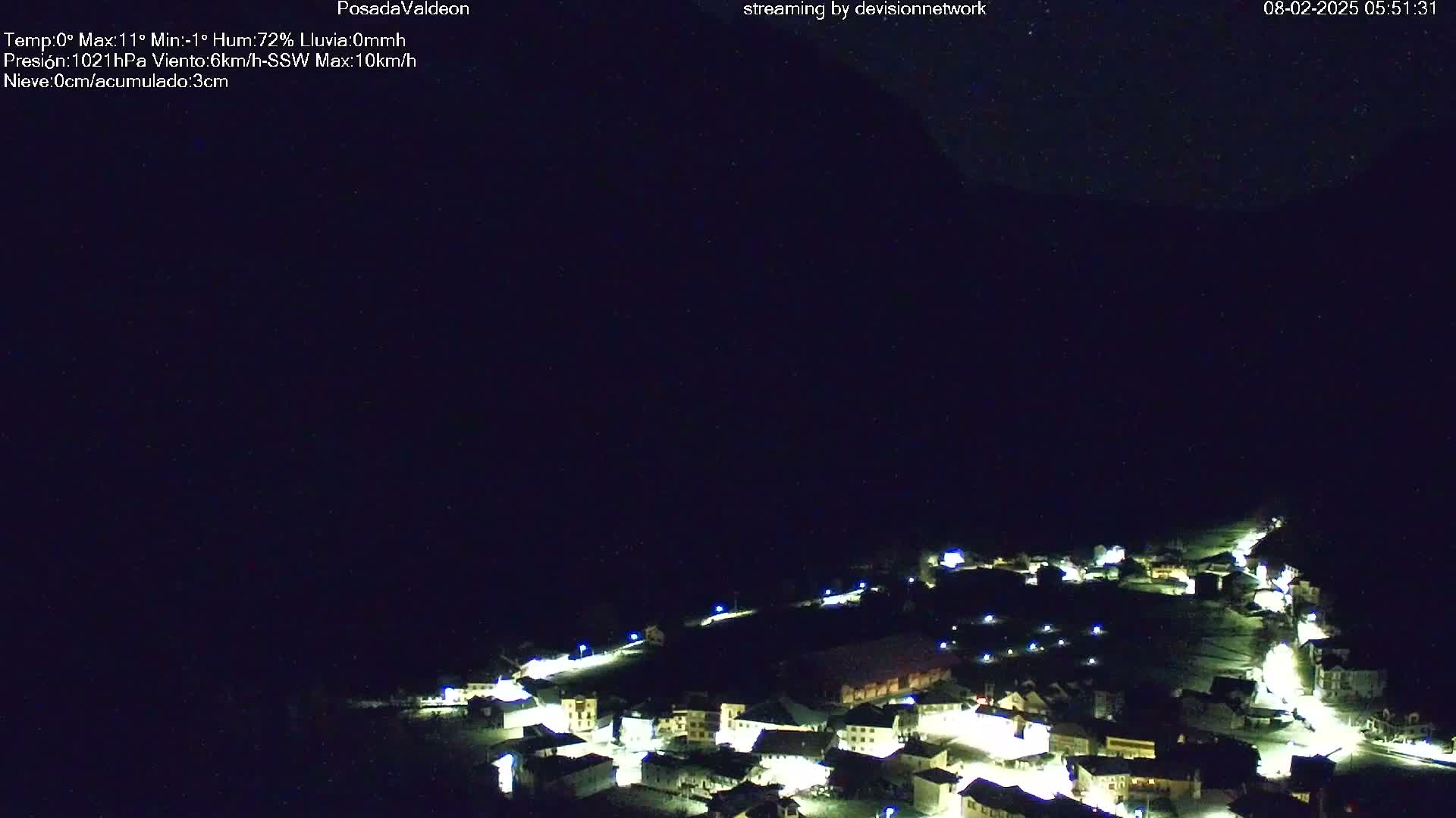 A small, illuminated town nestled in a dark valley under a clear, starry night sky.