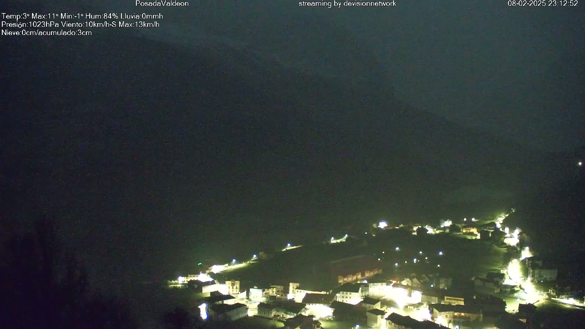 A nighttime, high-angle view of a small village illuminated by streetlights under a dark, cloudy sky.