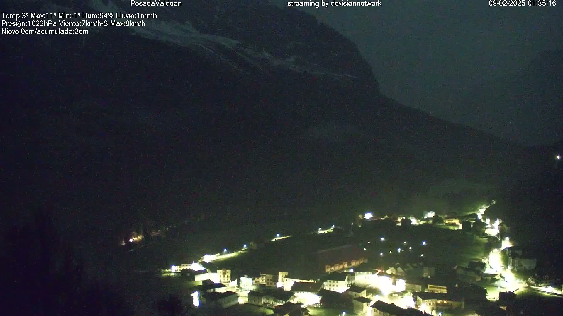 A nighttime, dimly lit village nestled beneath a dark mountain under a slightly cloudy sky with light rain.