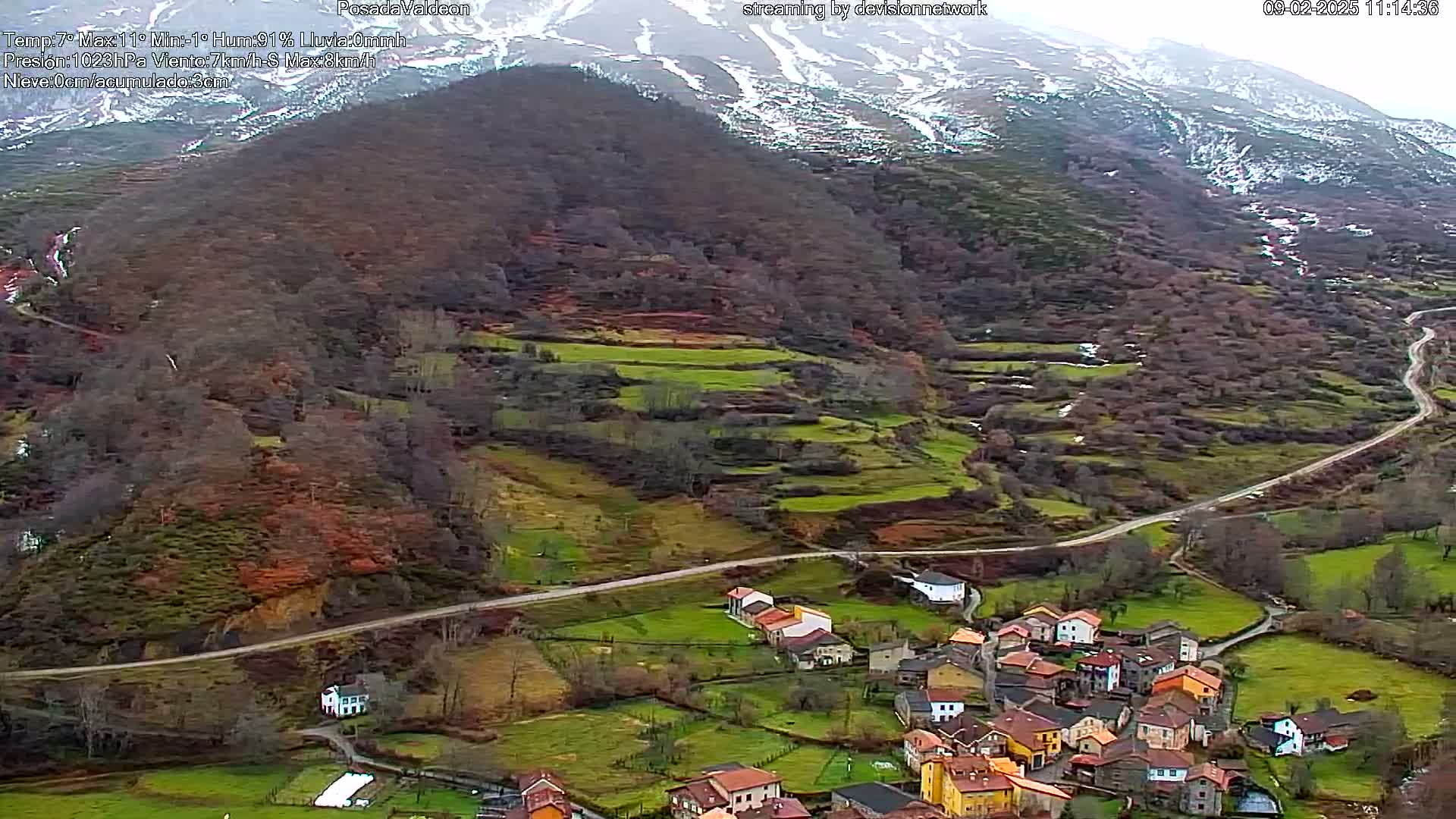 A small village nestled in a valley surrounded by snow-capped mountains and farmland, under an overcast sky.