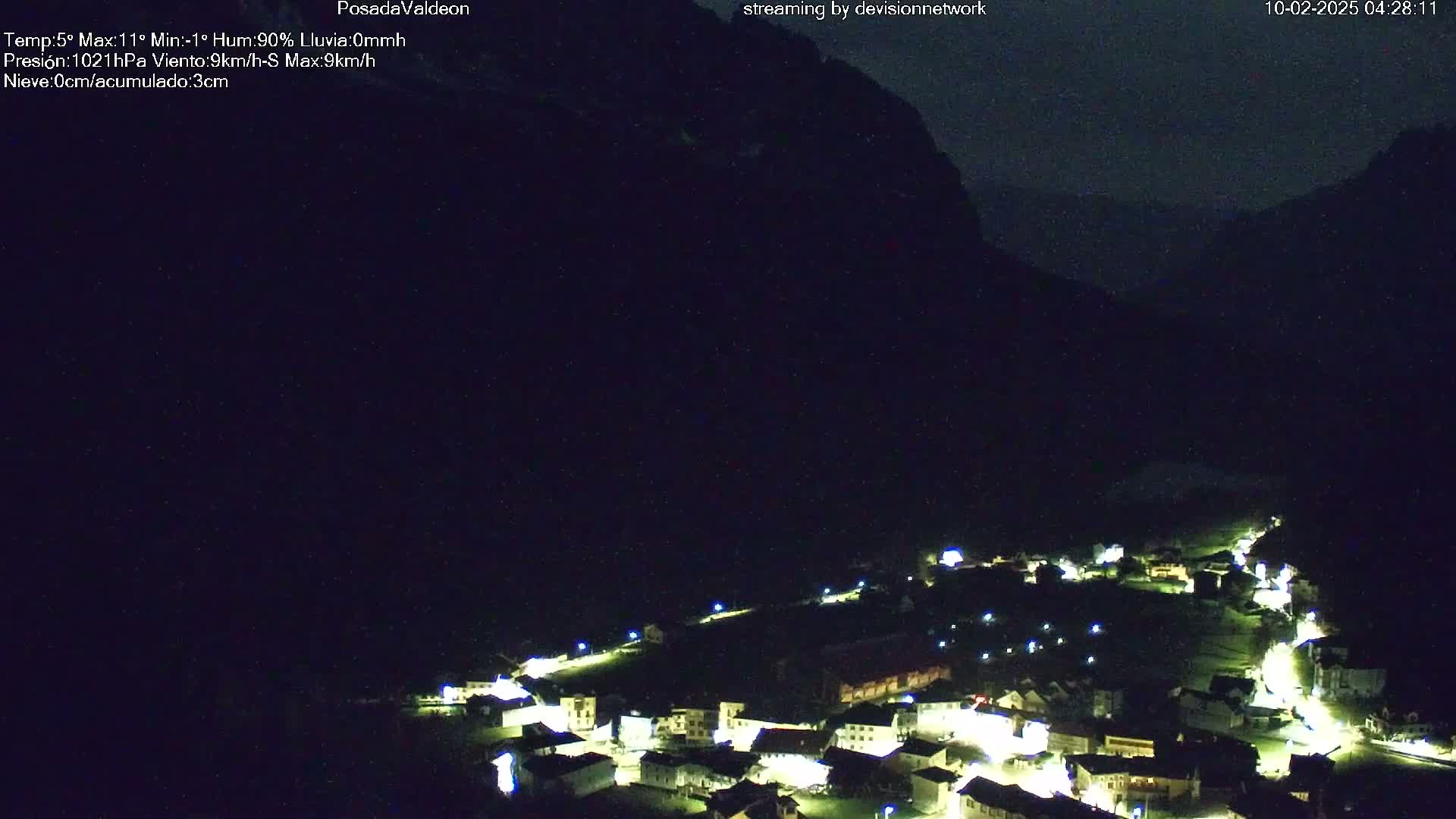 A small, illuminated village nestled in a dark, mountainous valley at night.