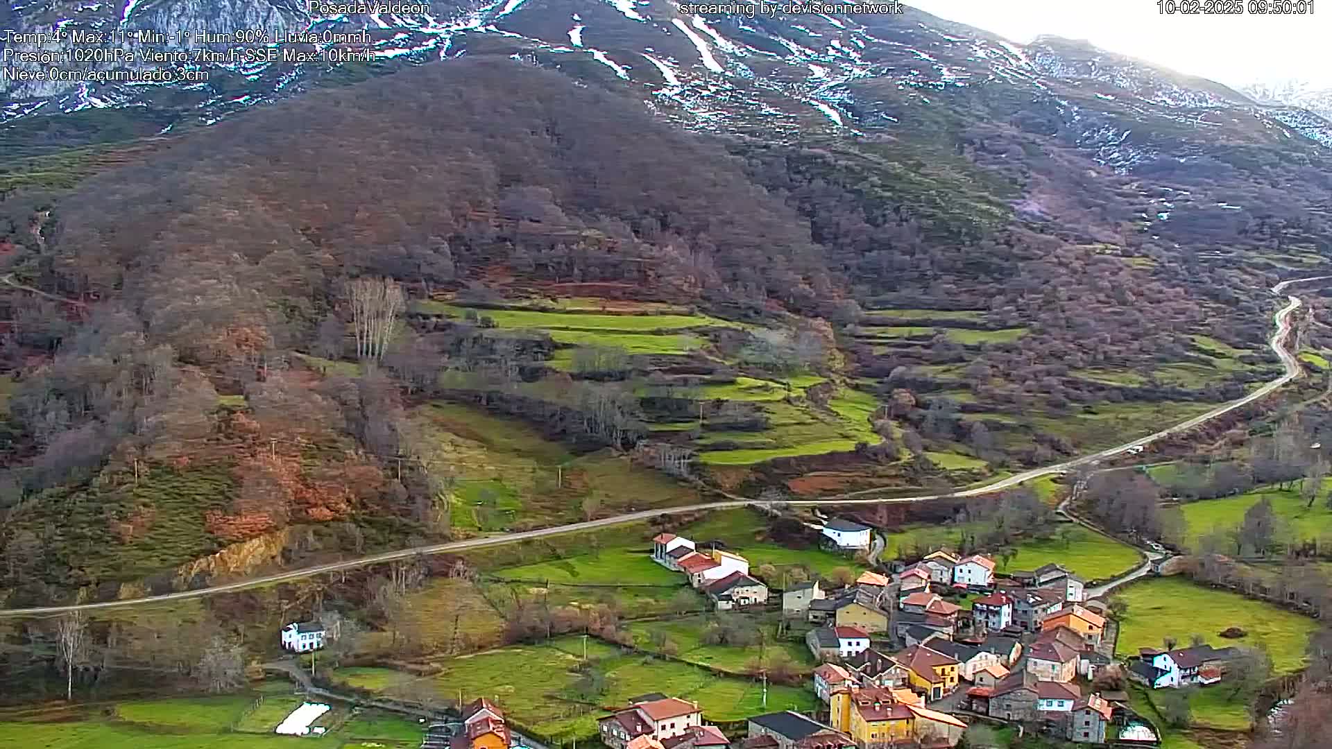A small village nestled in a valley surrounded by snow-dusted mountains and green fields under a cloudy sky.