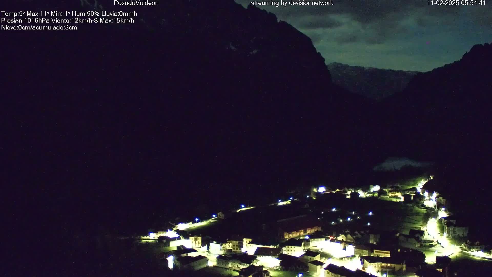 A nighttime view of a small village illuminated by lights nestled in a valley between dark mountains under a cloudy sky.