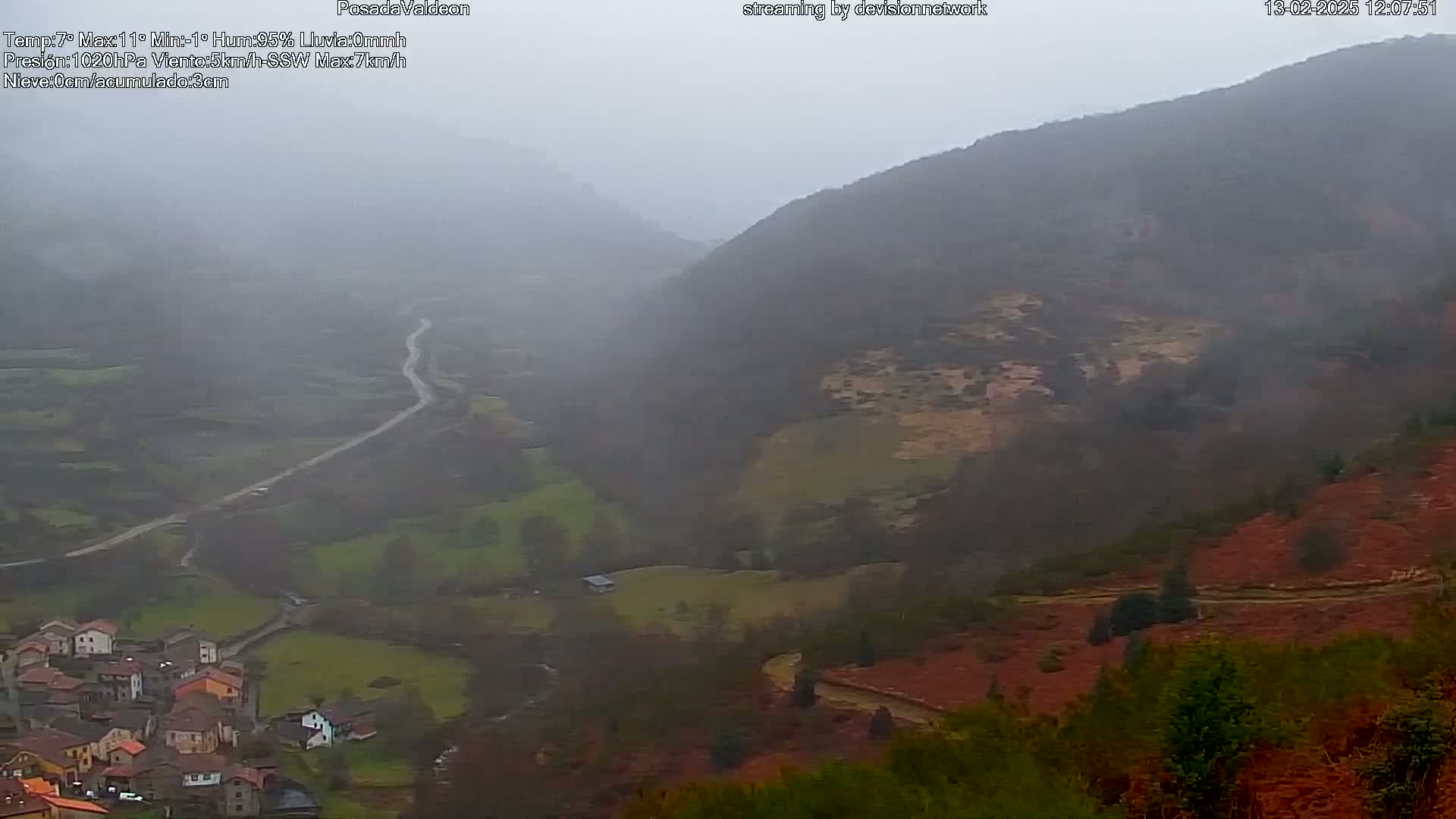 A winding road snakes through a valley shrouded in mist and rain, leading to a small village nestled at the base of a large, hazy mountain.