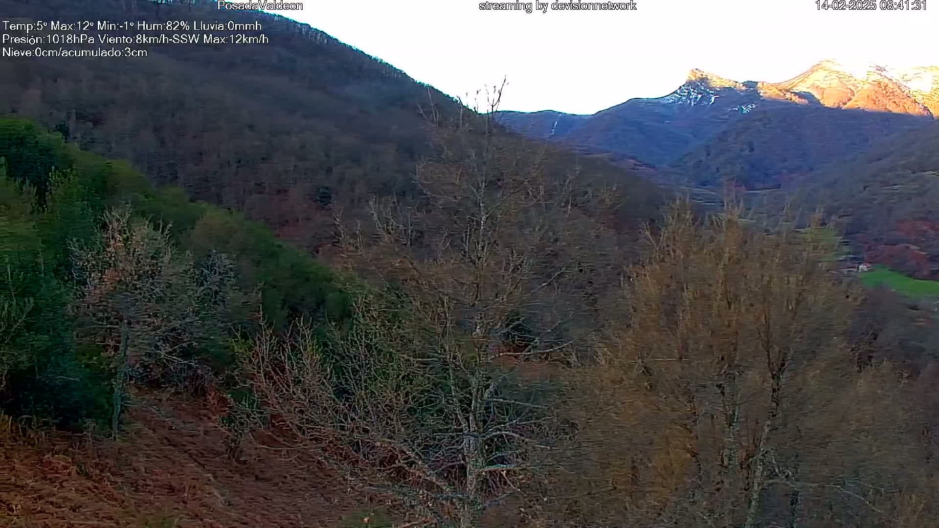 A sunlit mountain range partially covered in snow is visible beyond a valley filled with leafless trees.
