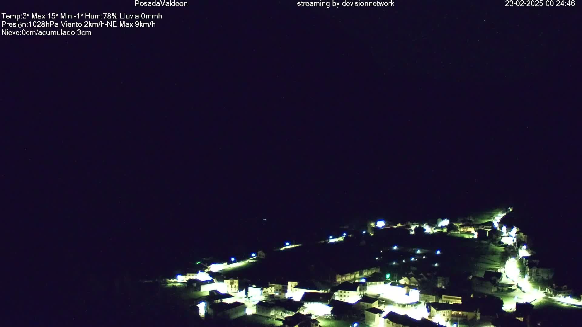 A small village at night, illuminated by lights, is nestled in a dark landscape under a clear, starlit sky.