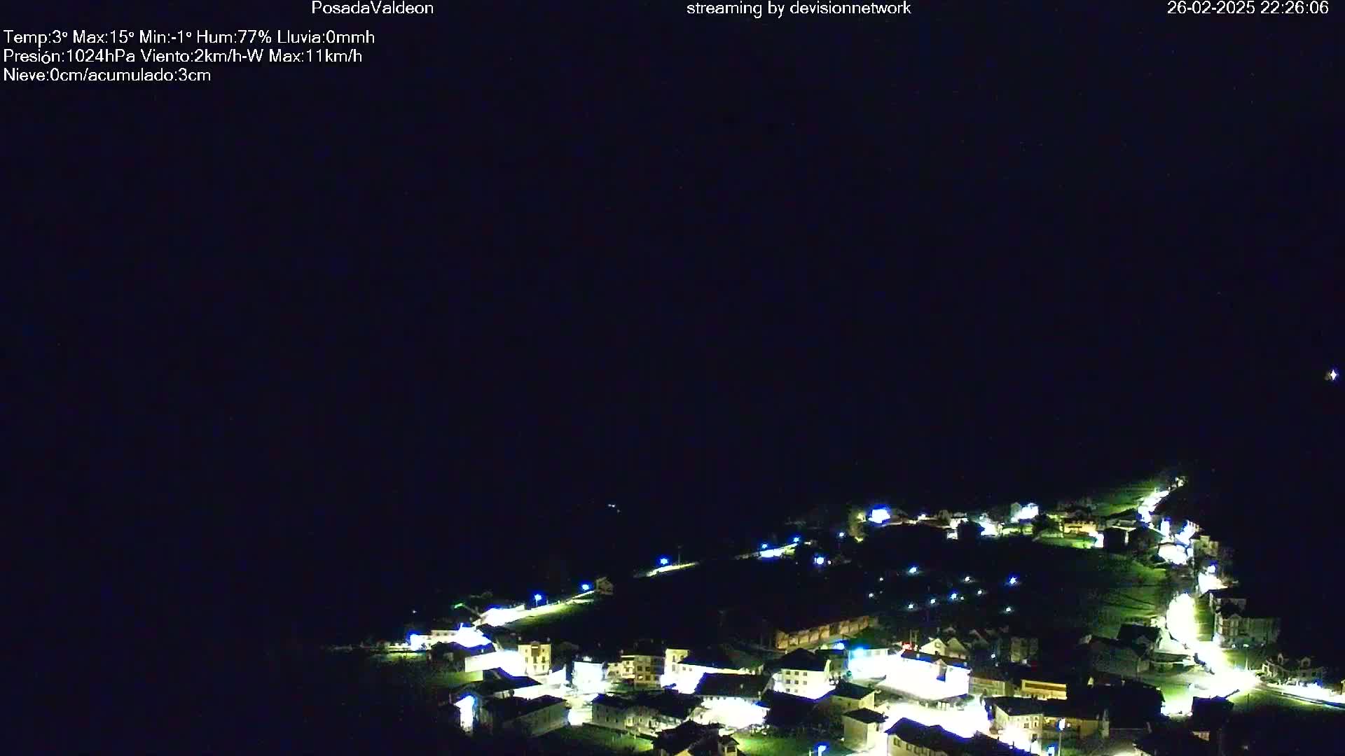 A small, illuminated village is nestled in a dark landscape under a clear night sky.