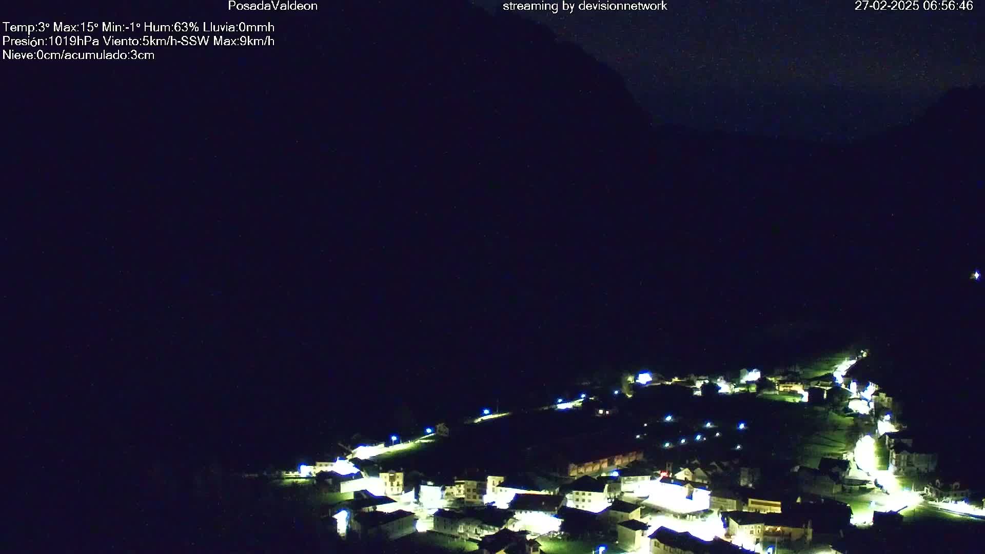 A small, illuminated village nestled in a dark valley at night under a clear, starry sky.