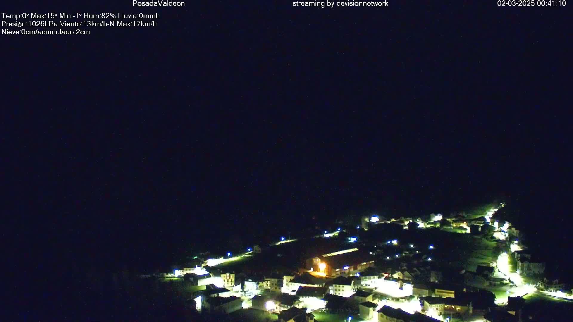 At night, a small village with illuminated buildings is nestled in a dark landscape under a clear, starlit sky.