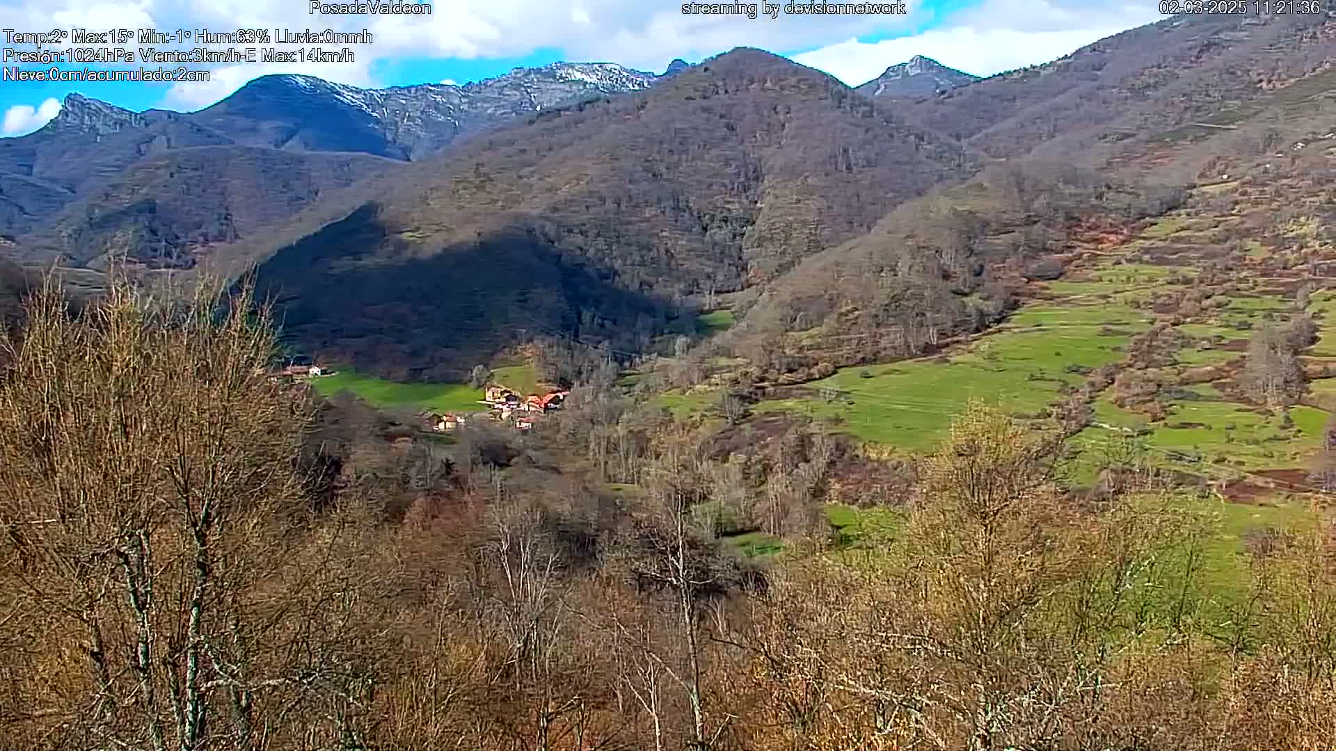 A mountainous valley with a small village nestled among leafless trees and patches of green grass under a partly sunny sky.