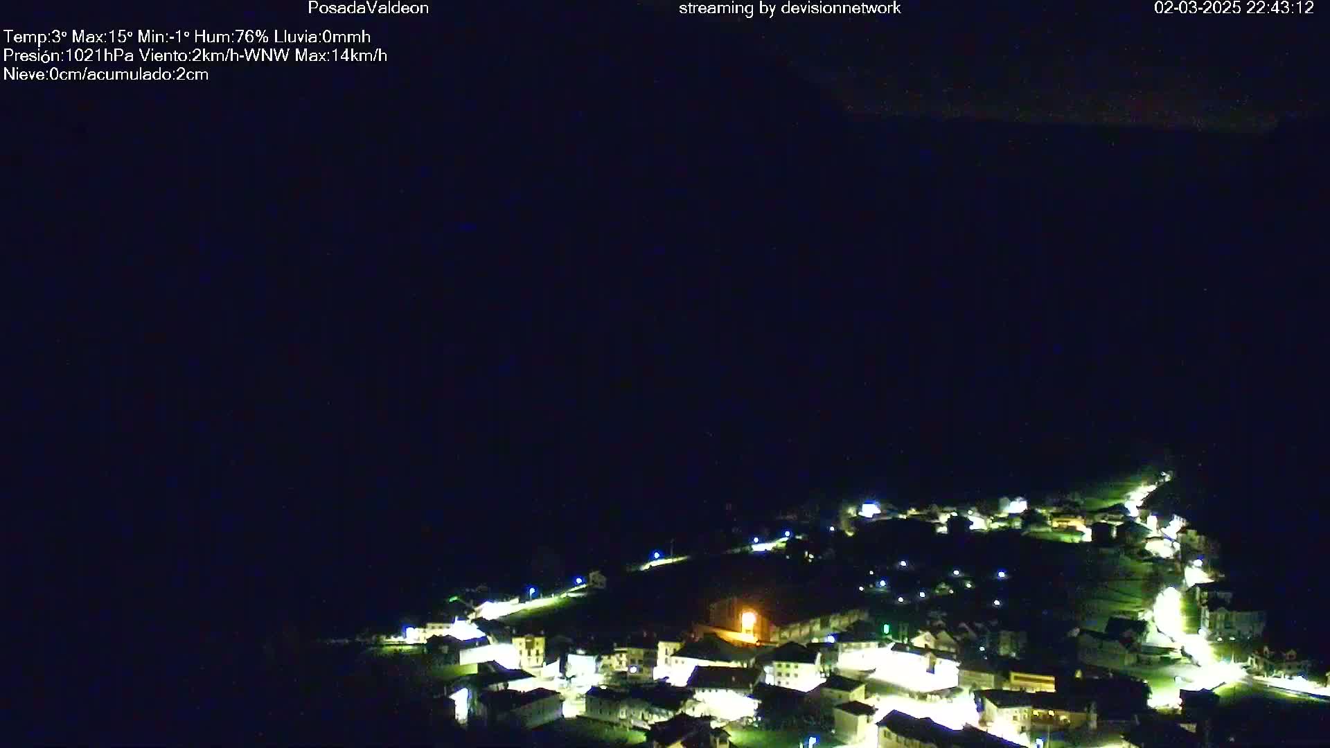 A nighttime, high-angle view of a small village illuminated by lights, under a dark, clear sky.