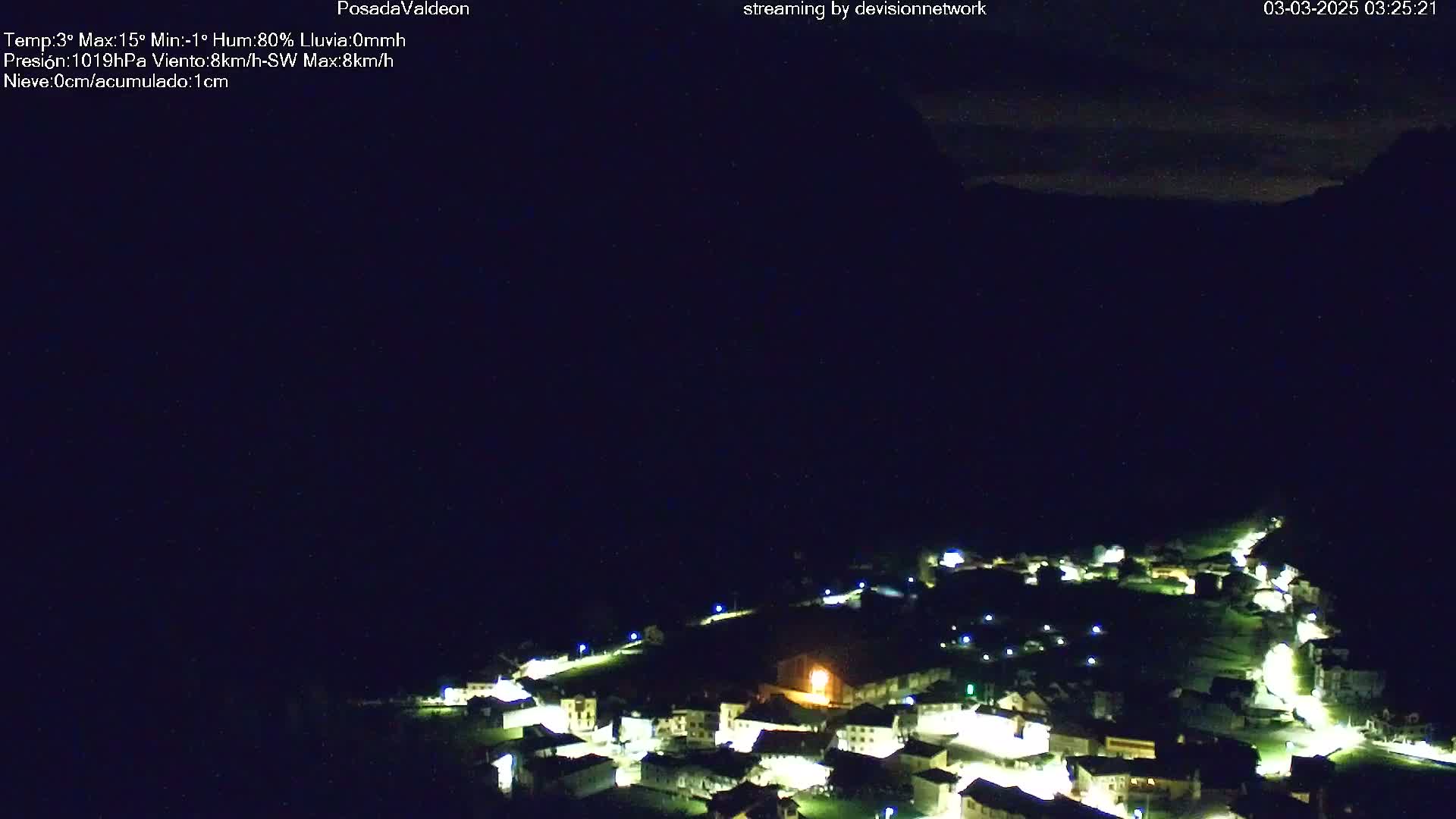 A nighttime long shot of a small village illuminated by lights under a dark, cloudy sky.