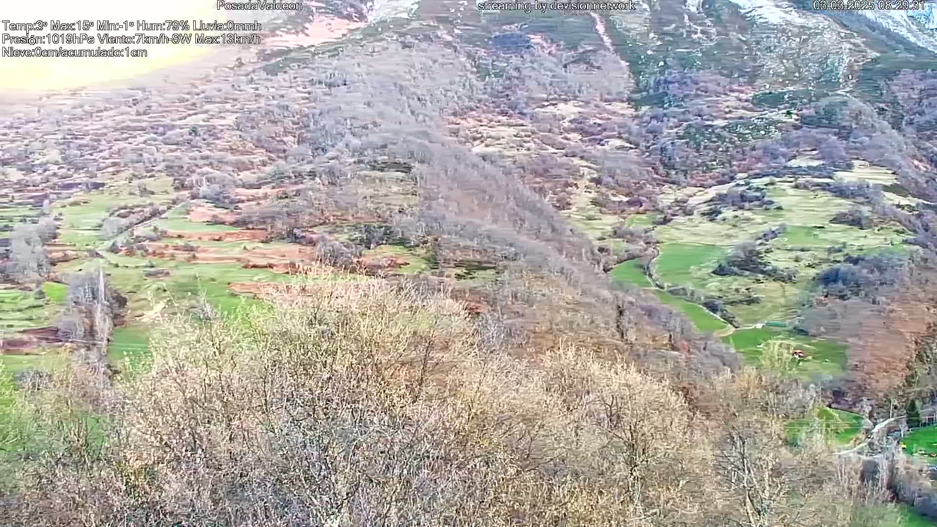 A high-angle, long shot shows a mountainous landscape with patches of green and brown vegetation, some snow on the upper slopes, and bare deciduous trees in the foreground.