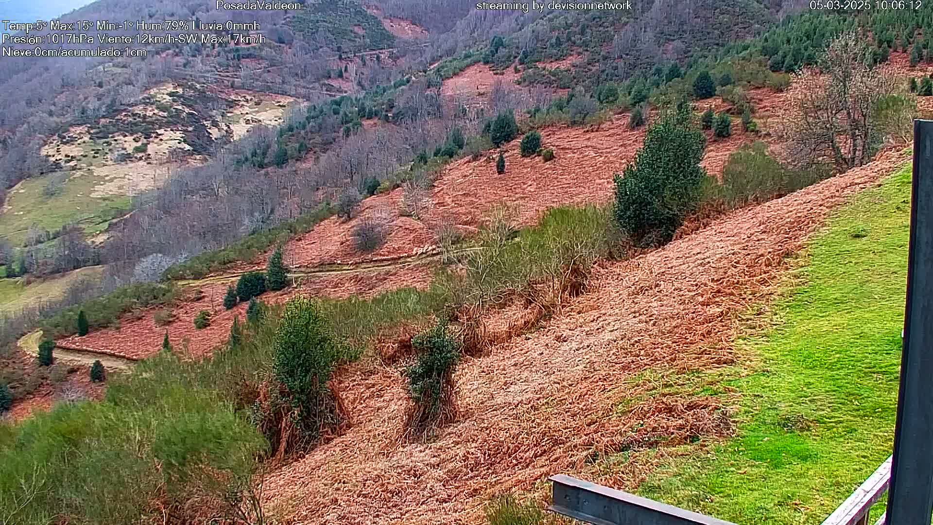 A hilly landscape with patches of brown and green vegetation is visible under overcast skies.