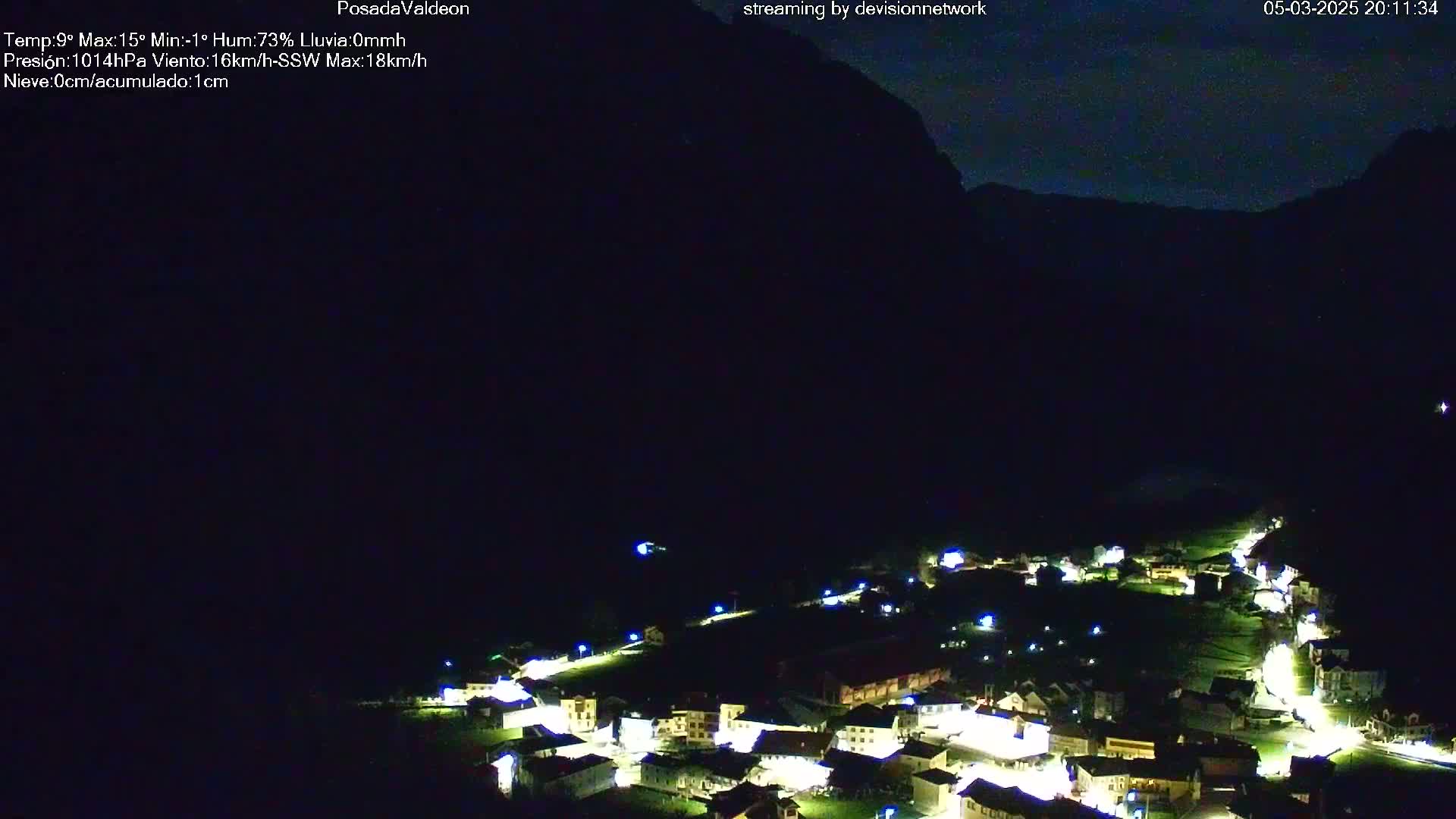 A small village nestled in a valley at night, illuminated by its lights, under a dark, clear sky.