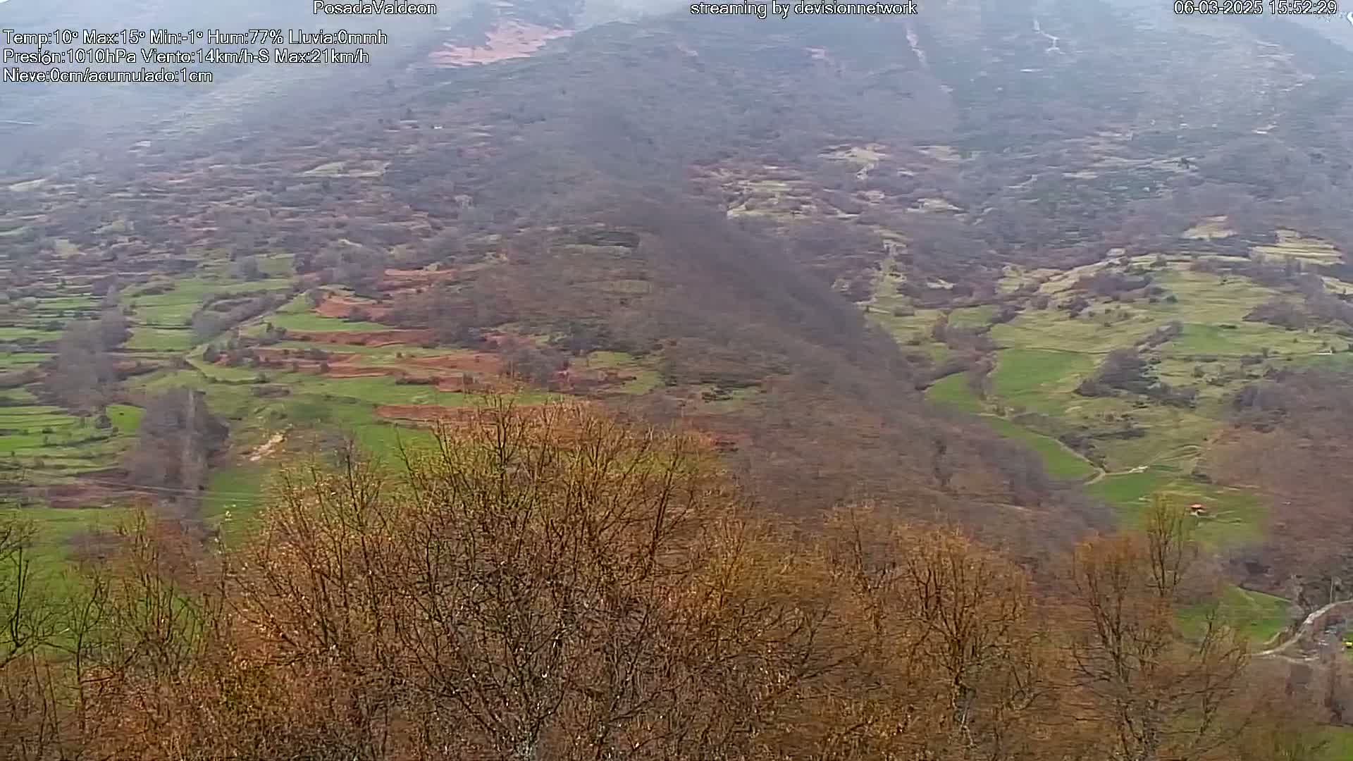 A hazy, overcast view of a mountainous valley with terraced farmland and leafless trees in the foreground.
