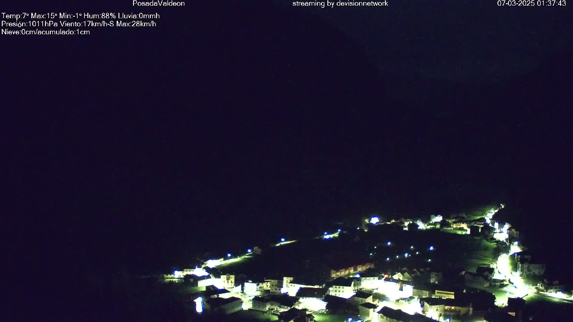 A small, illuminated village is nestled in a dark, nighttime landscape under a clear, dark sky.