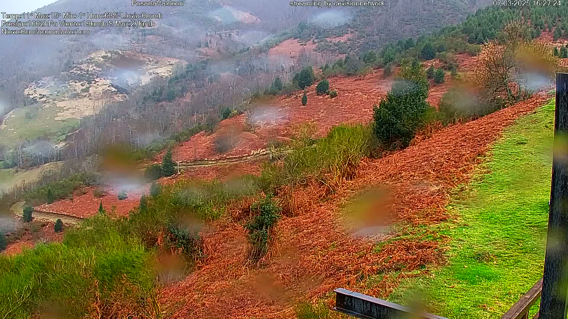 A rain-soaked hillside, predominantly covered in reddish-brown brush, with patches of vibrant green grass, is visible through rain-streaked glass.