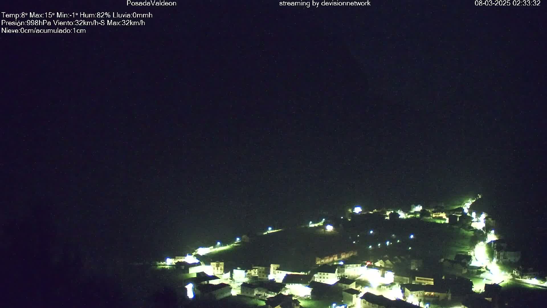 A small, illuminated village sits on a hillside under a dark, clear night sky.