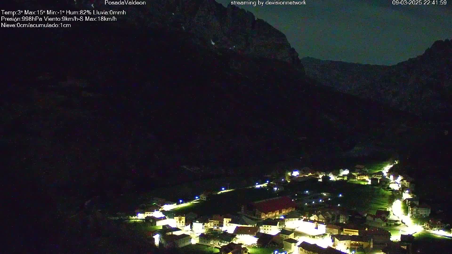 A small village nestled in a valley at night, illuminated by lights, with dark mountains rising in the background under a dark sky.