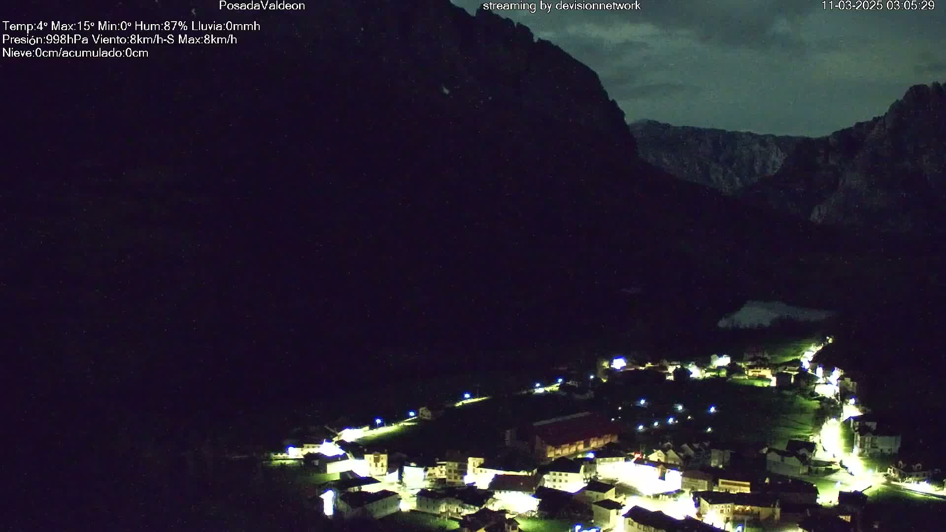 A nighttime, aerial view of a small village nestled in a valley, illuminated by streetlights, under a dark sky.