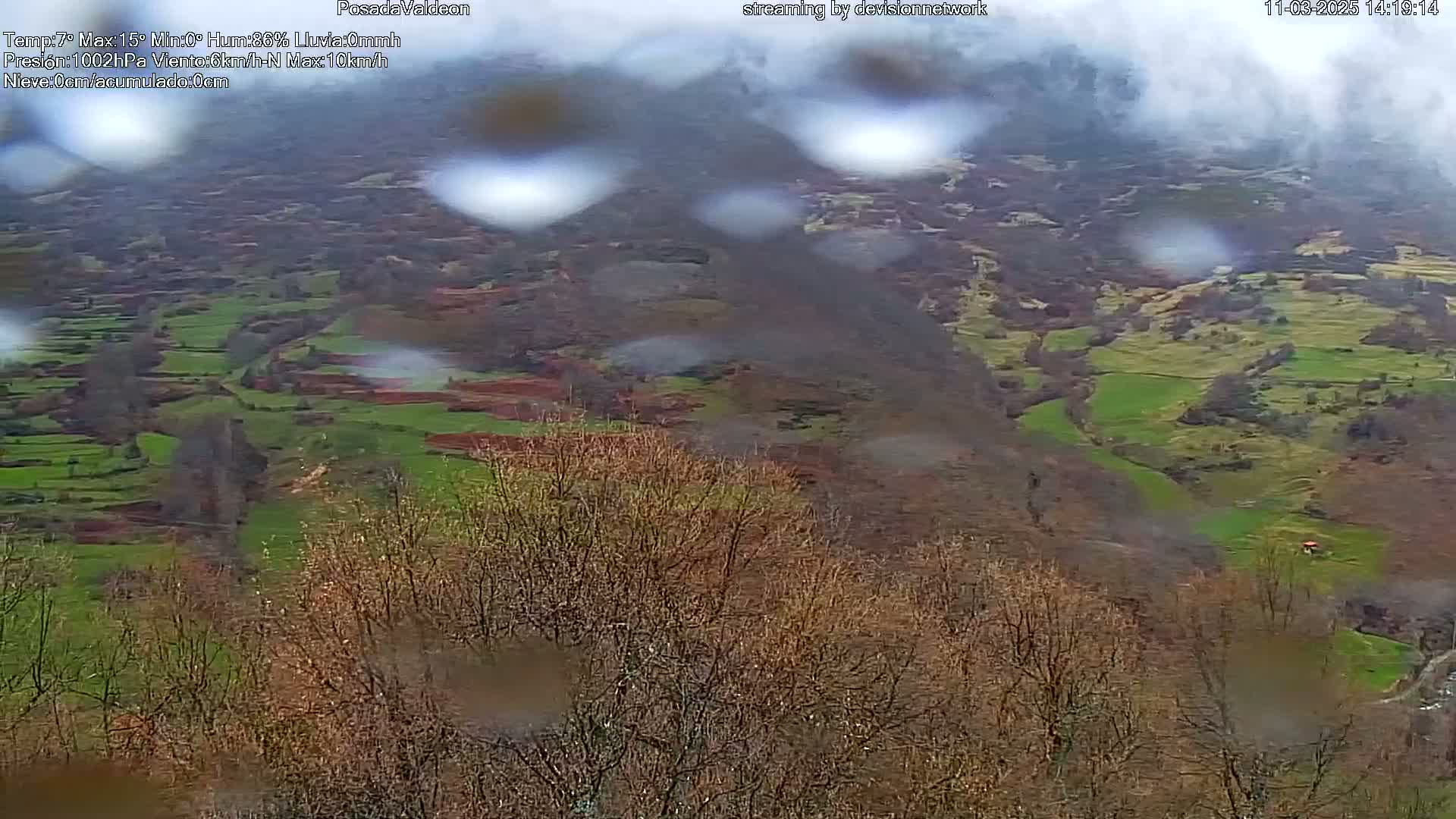 A rain-covered view of a valley with patches of green and brown fields, and bare trees in the foreground.