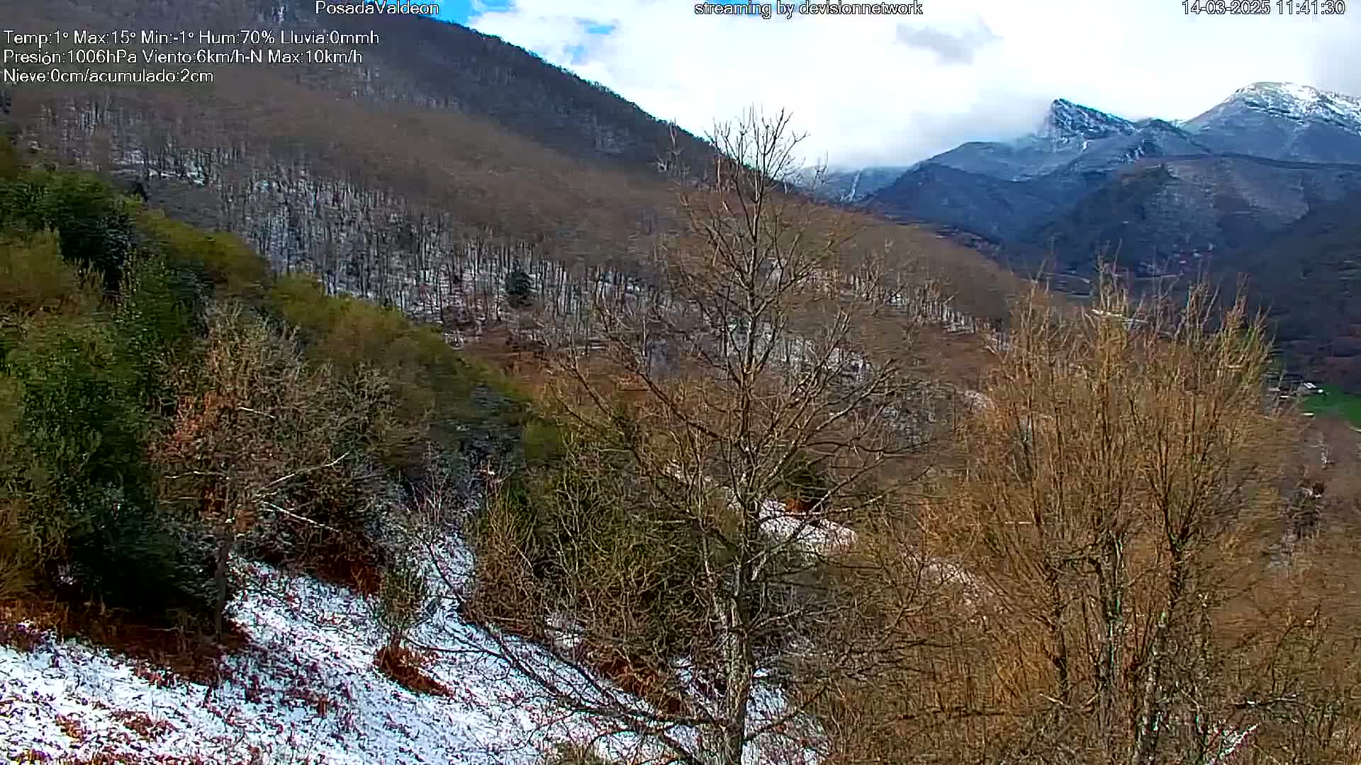 A snow-dusted mountainside with leafless trees and distant, snow-capped peaks under a cloudy sky.