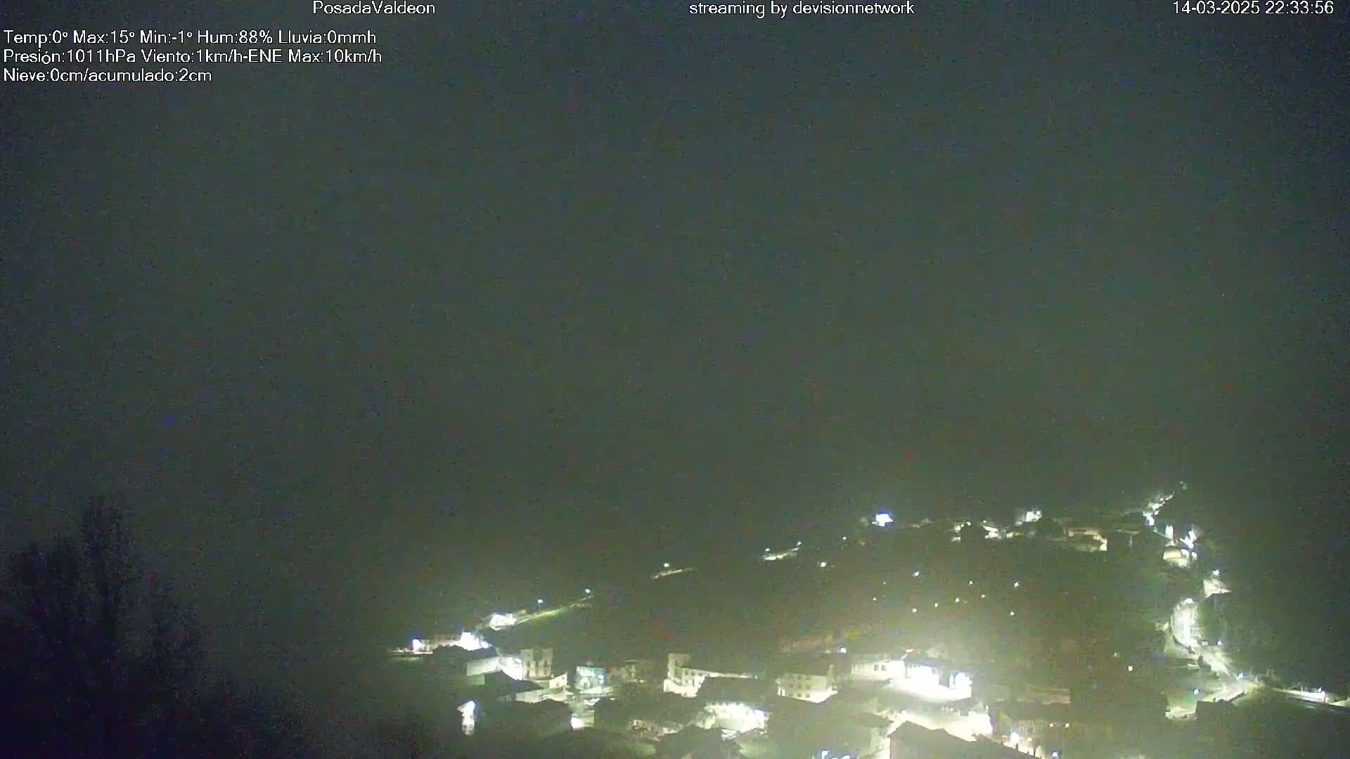 A nighttime, hazy view of a small town illuminated by scattered lights under a dark sky.