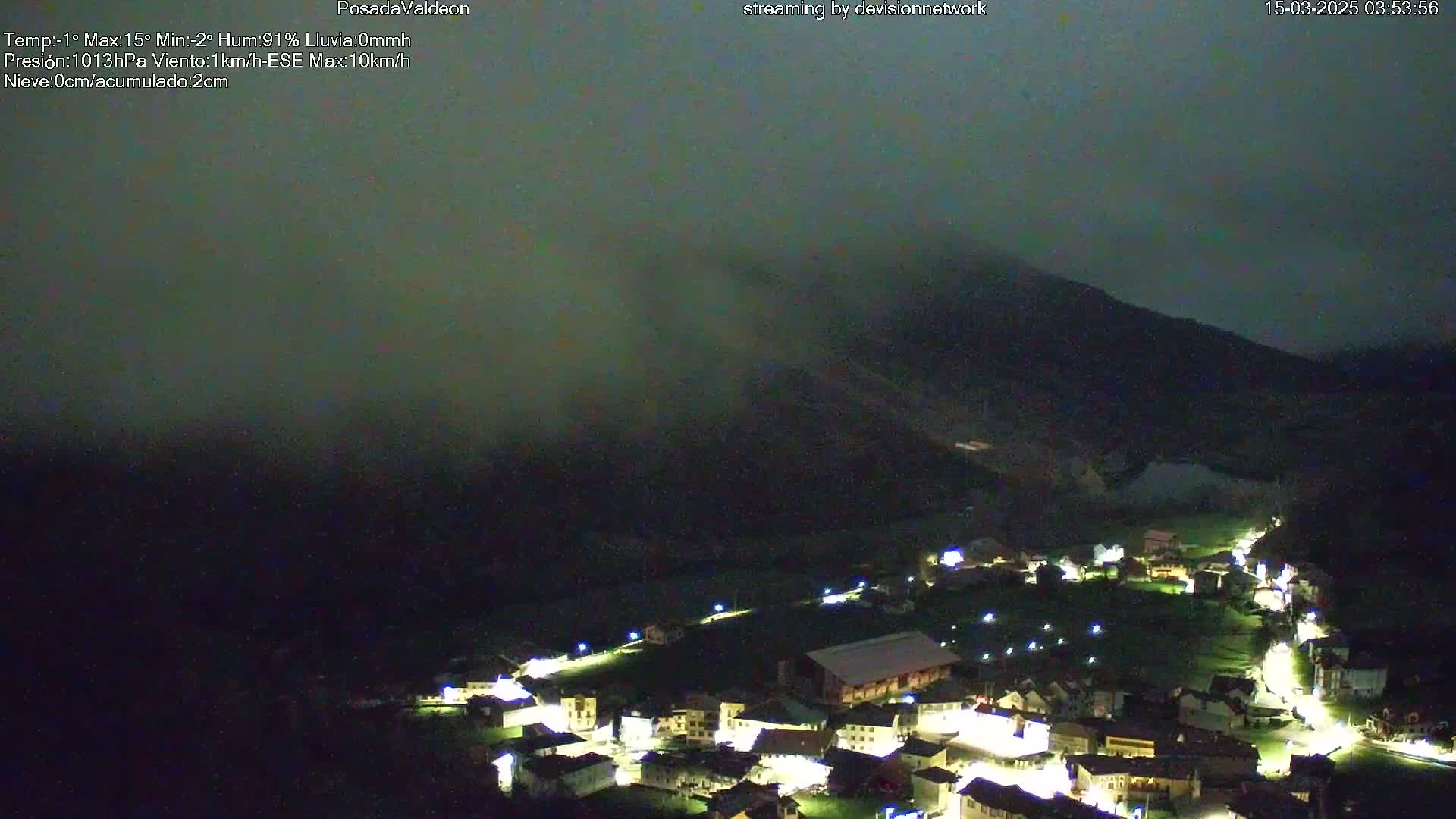 A nighttime view of a small village nestled in a valley, under a foggy sky.